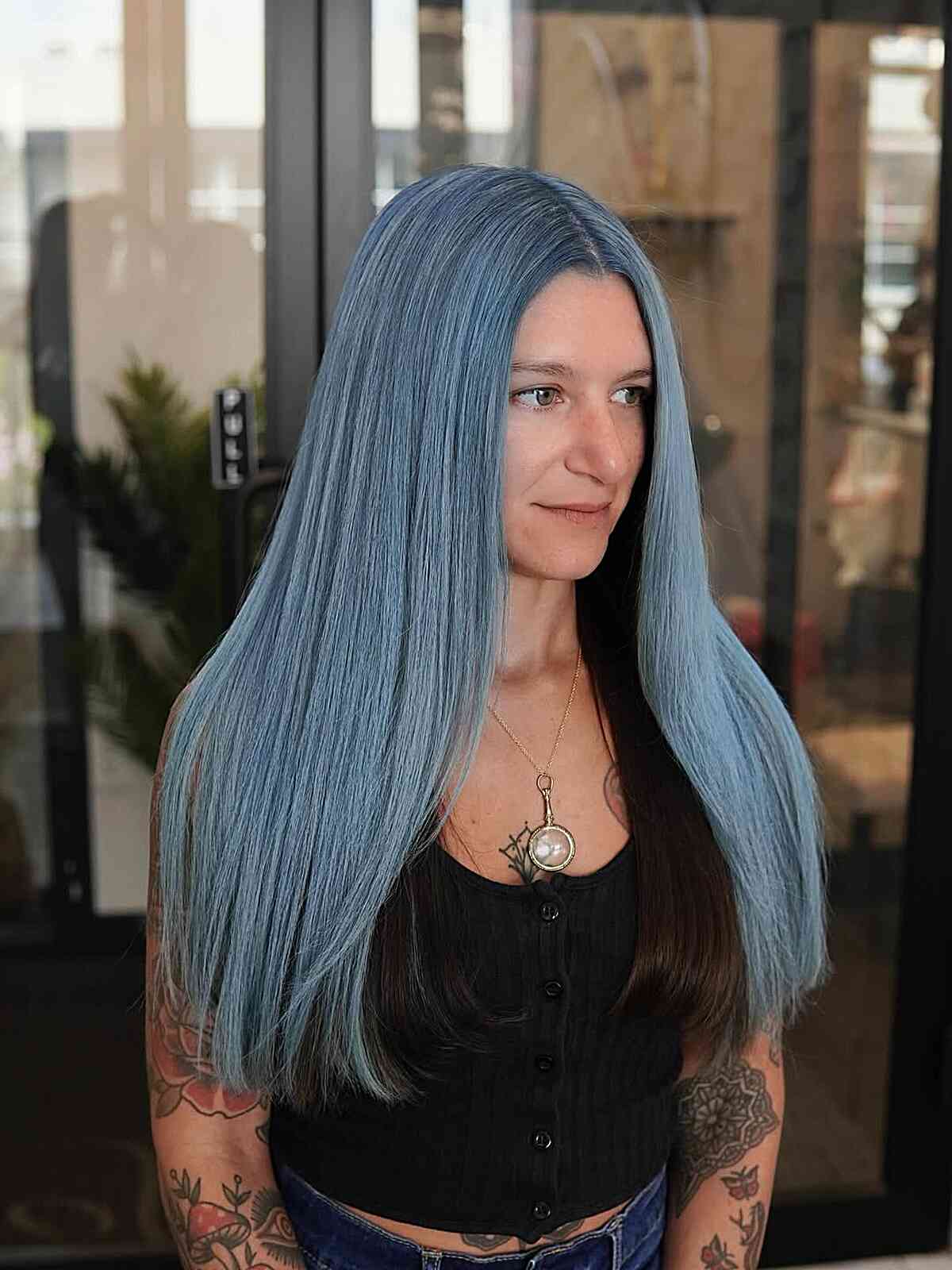 Pastel Blue Long Straight Hair with Darker Roots