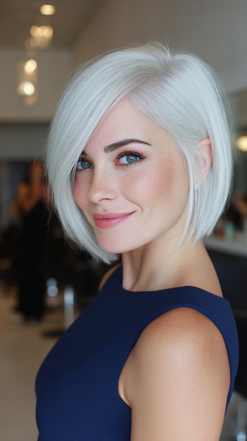Platinum Angled Chin-Length Bob with Deep Side Sweep