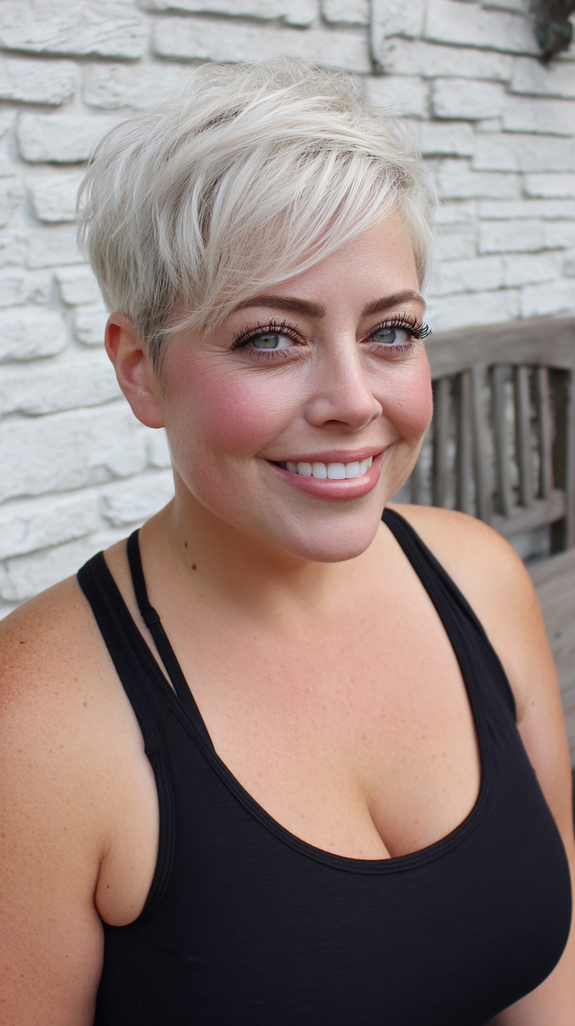 Platinum Ash Textured Pixie with Side-Swept Fringe and Micro-Taper