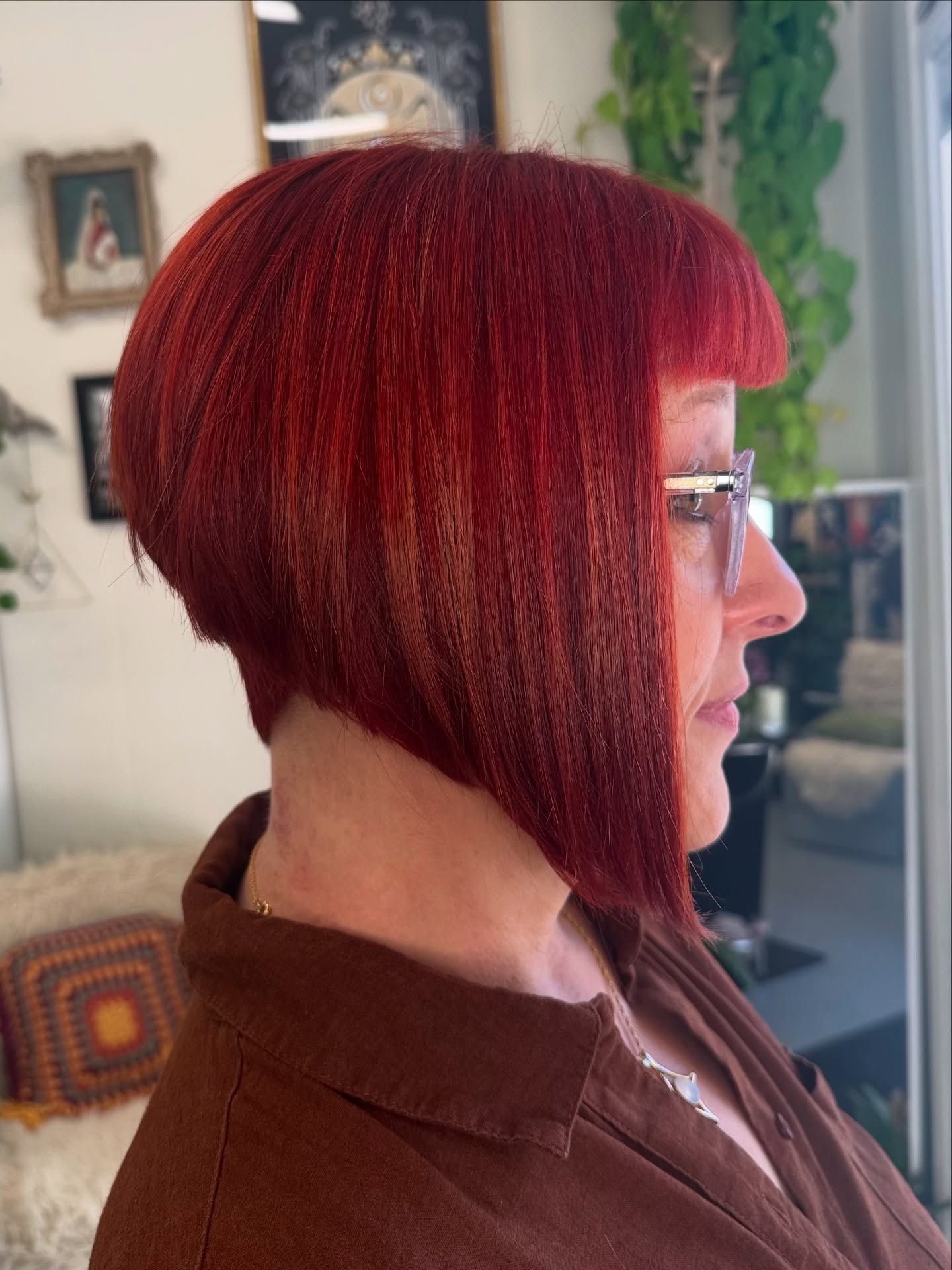 Precision Angled Inverted Bob with Stacked Nape and Blunt Mini Fringe