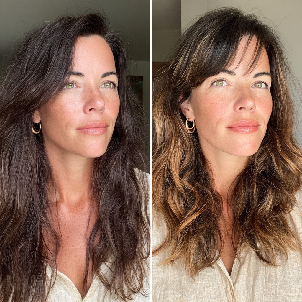 Root-Smudge Brunette Balayage with Feathered Curtain Fringe
