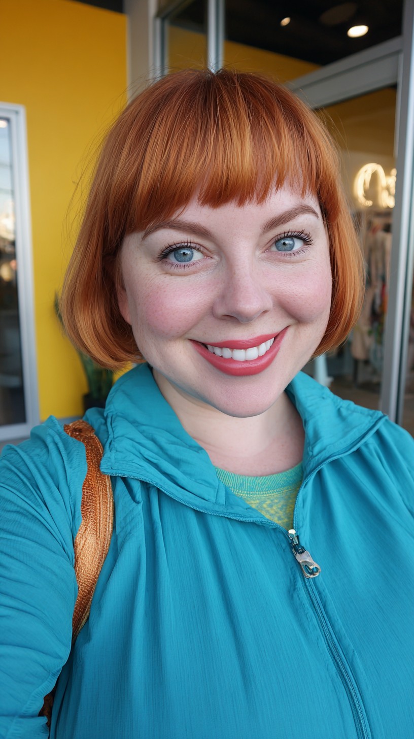 Rounded Chin-Length Copper Bob with Micro Bangs