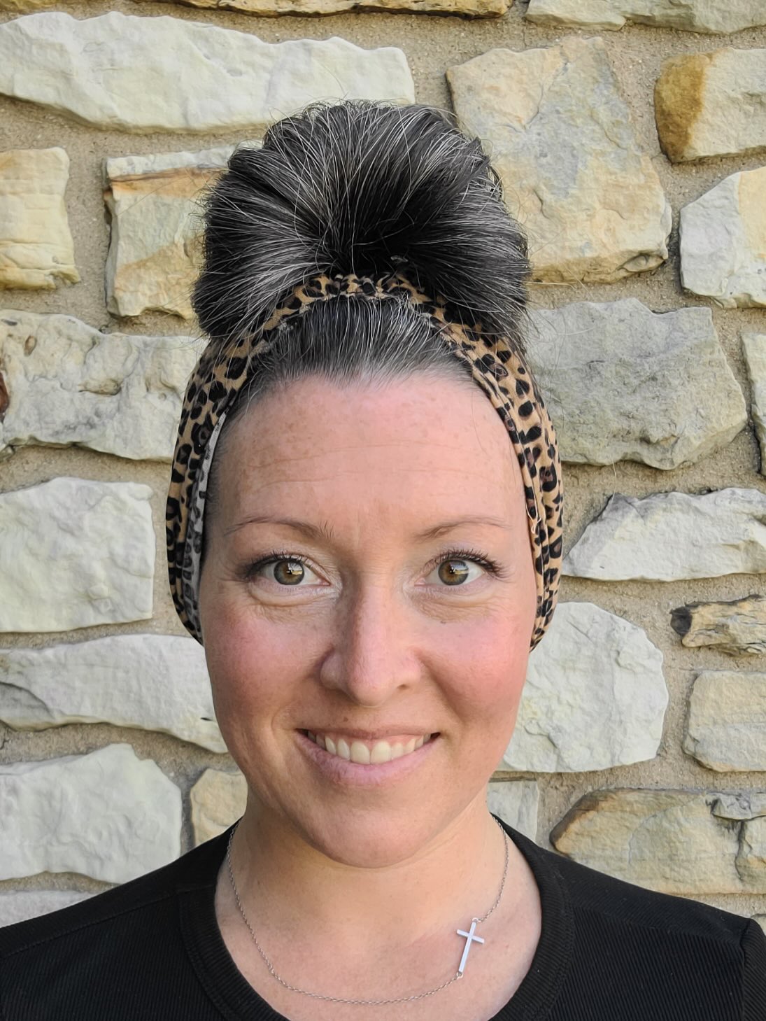 Salt-and-Pepper Voluminous Top Knot with Leopard Headband