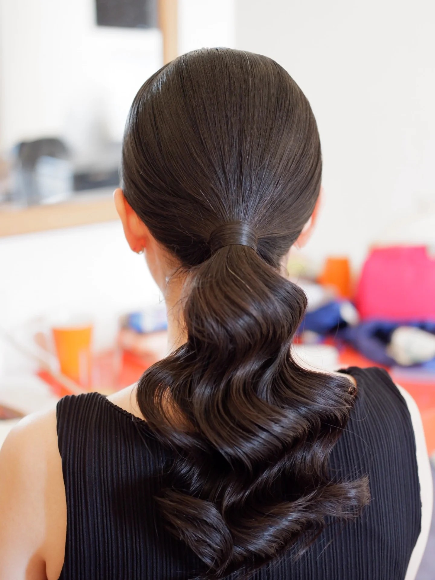 Sculpted S-Wave Low Ponytail with Concealed Hair Wrap