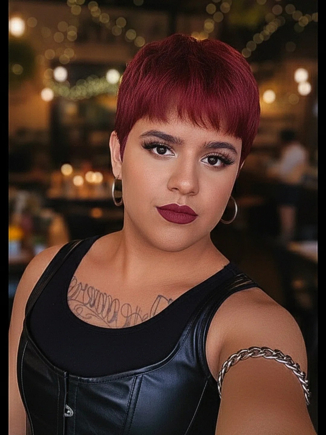 Short Berry-Colored Textured Pixie with Blunt Micro Fringe