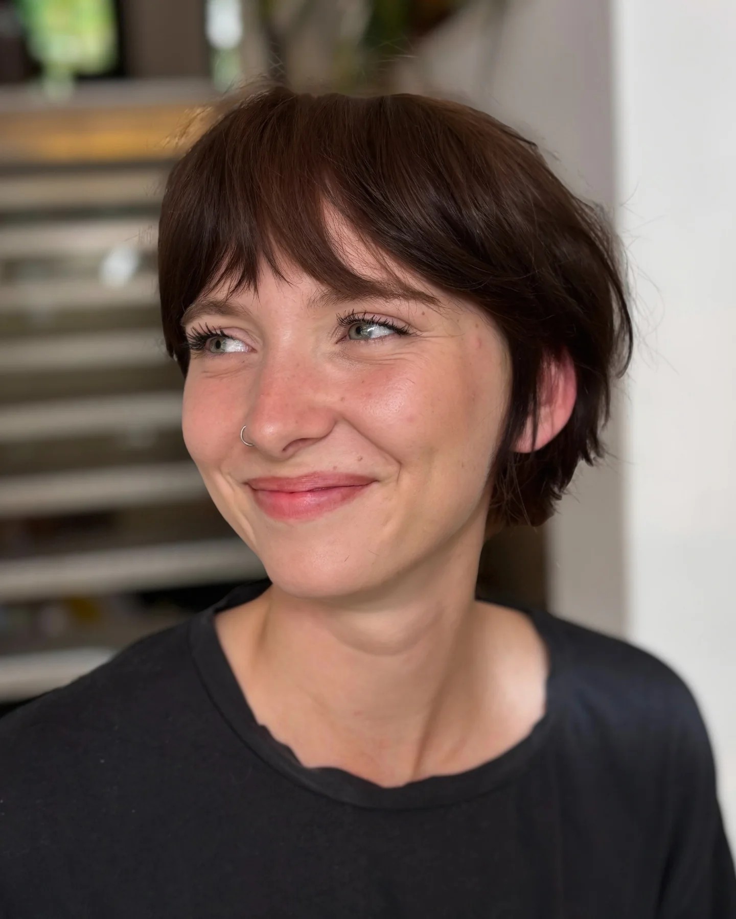 Short Chocolate Shag Pixie with Wispy Center-Split Fringe