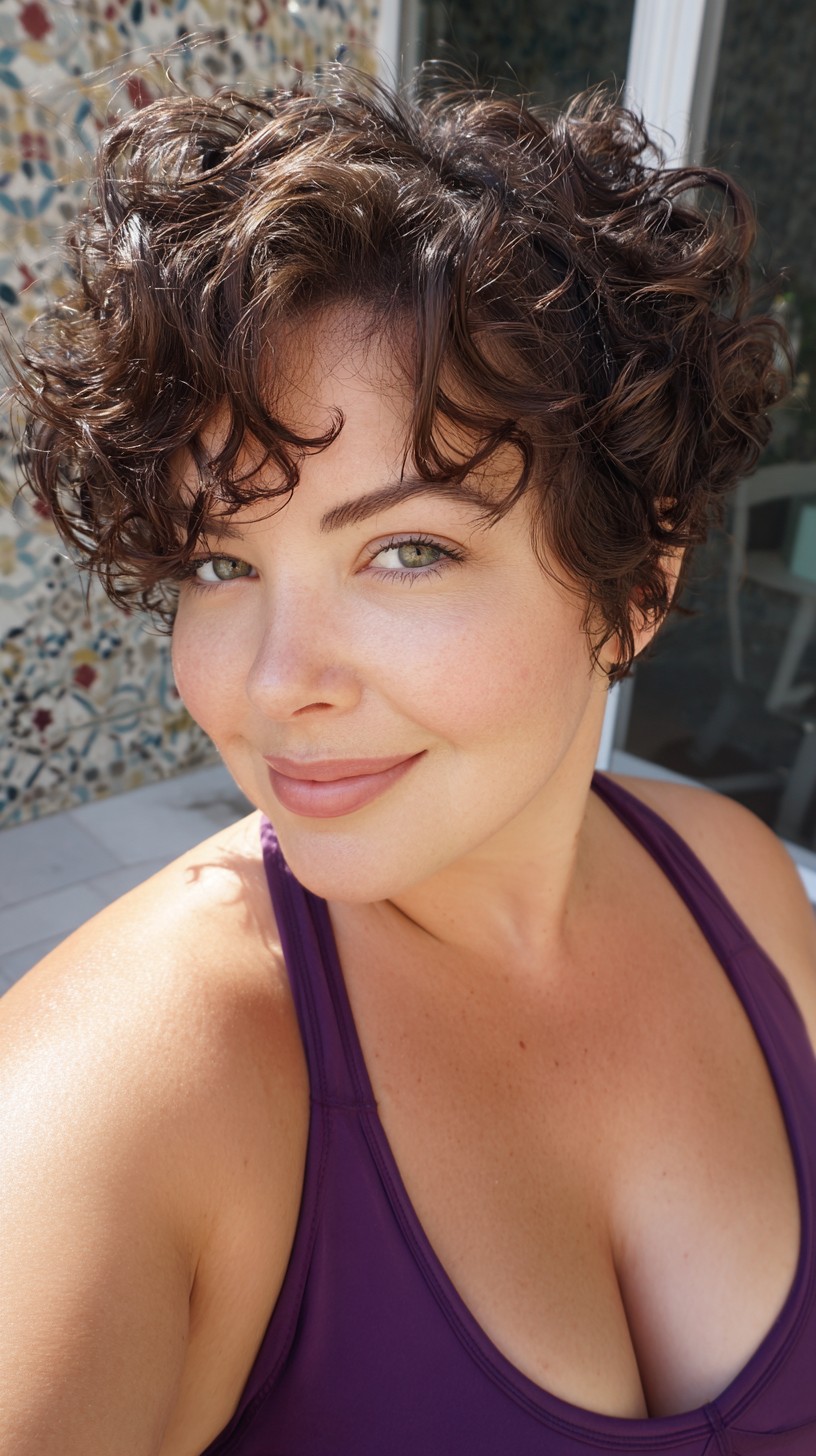 Short Textured Curly Pixie with Tapered Sides and Long Top