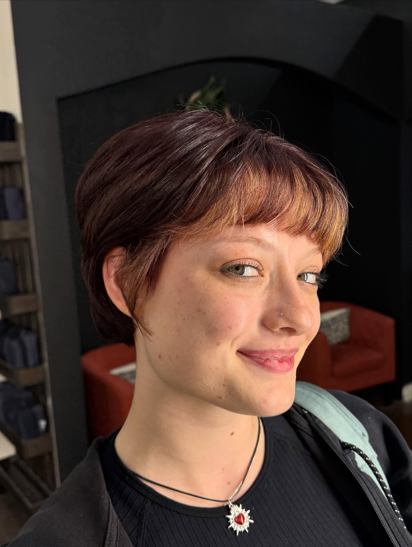 Short Textured Pixie with Micro Bangs and Warm Front Balayage