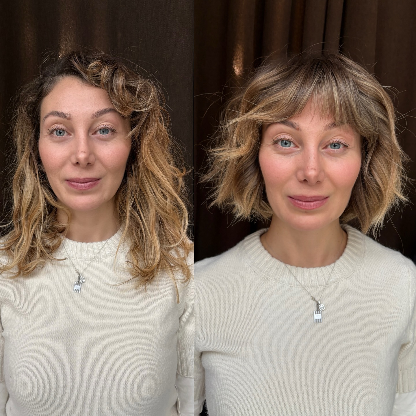 Chin-Length Wavy Textured Bob with Baby Fringe and Rooted Balayage