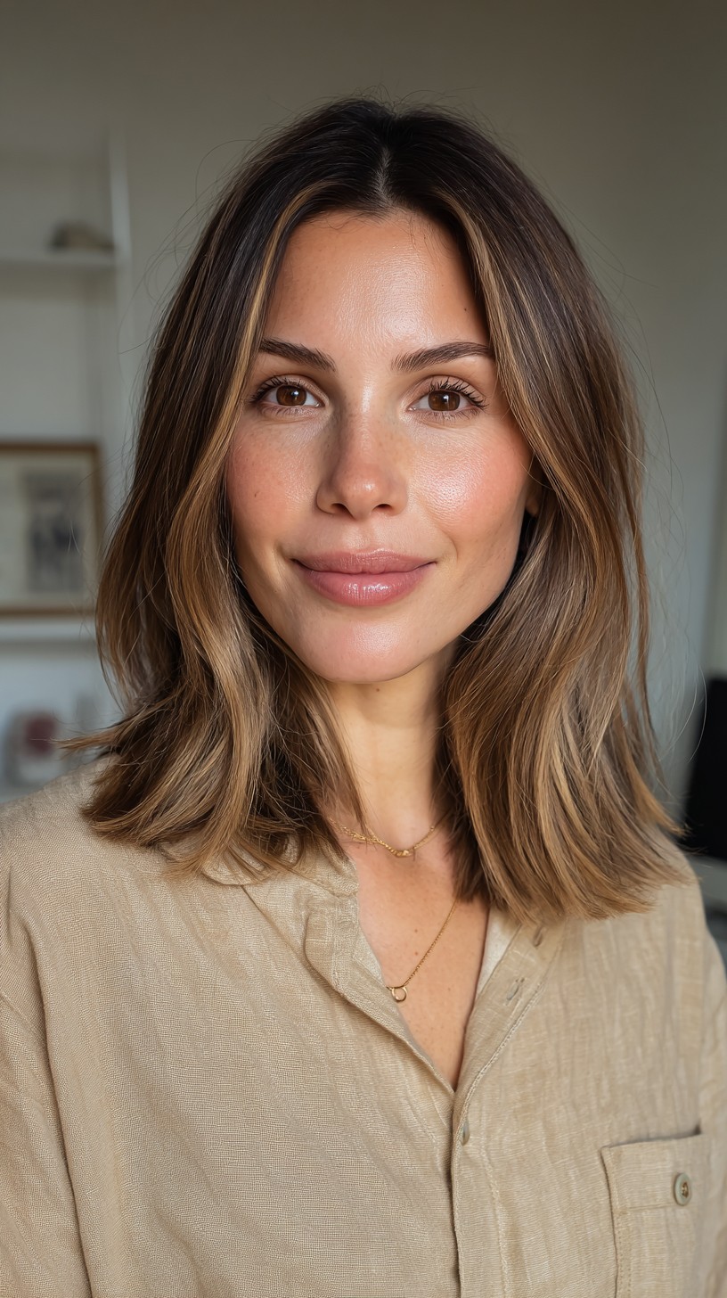 Shoulder-Length Blunt Lob with Soft Curtain Frame and Dimensional Balayage