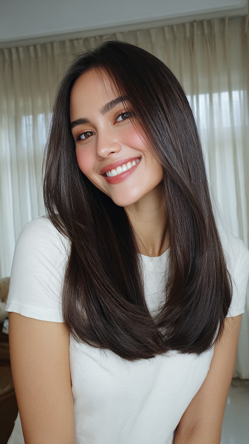 Silky Espresso Long Layers with Soft Curtain Fringe