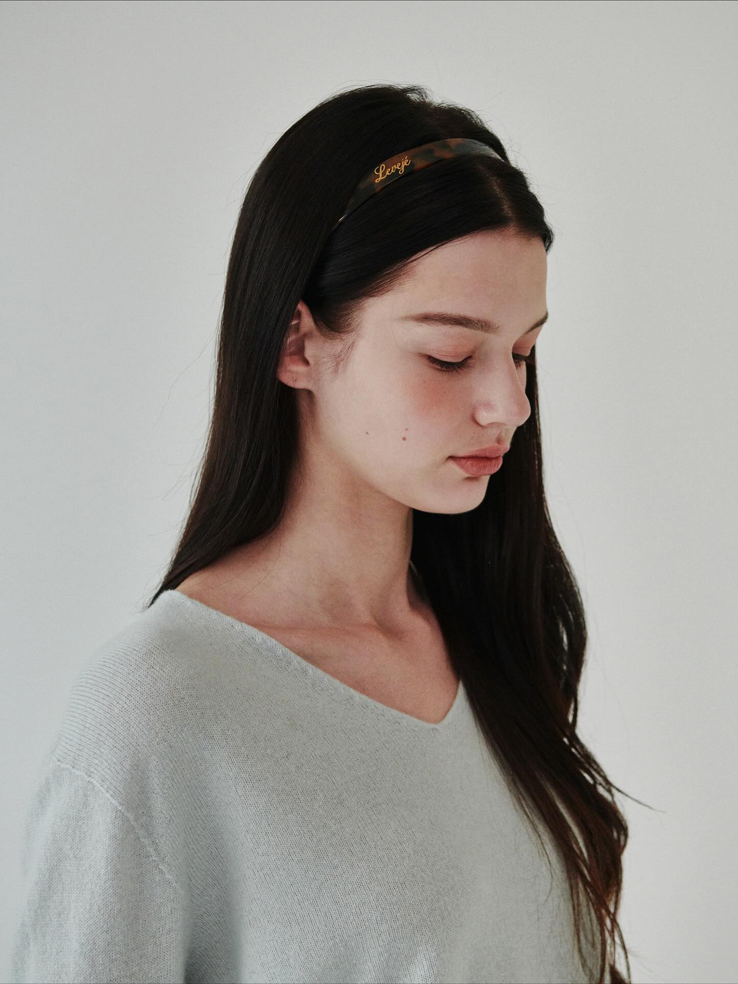 Sleek Center-Part Long Dark Hair with Tortoiseshell Headband