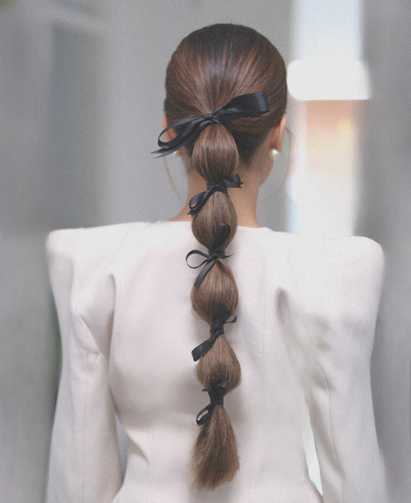 Sleek Chestnut Bubble Ponytail with Satin Bows