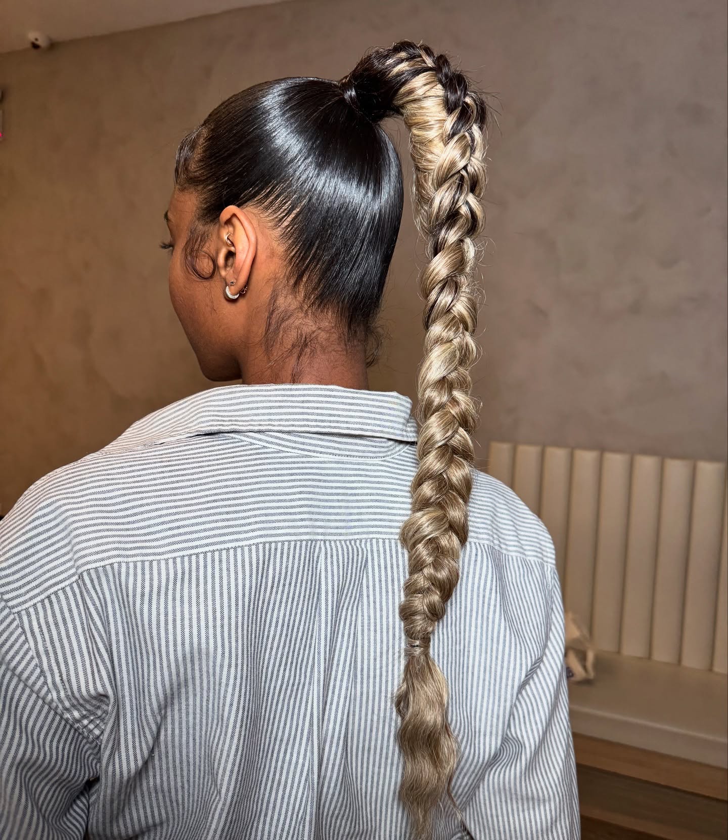Sleek High Pony with Chunky Ash-Blonde Braided Extension