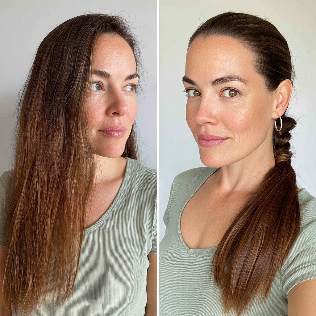 Sleek Pulled-Back Low Twist on Long Chestnut Hair