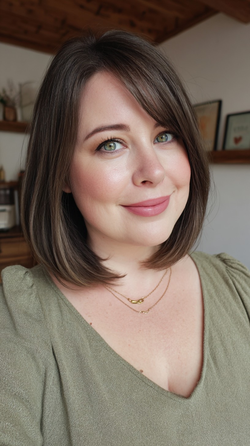 Soft Ash Brunette Collarbone-Length Blunt Lob with Side-Swept Fringe