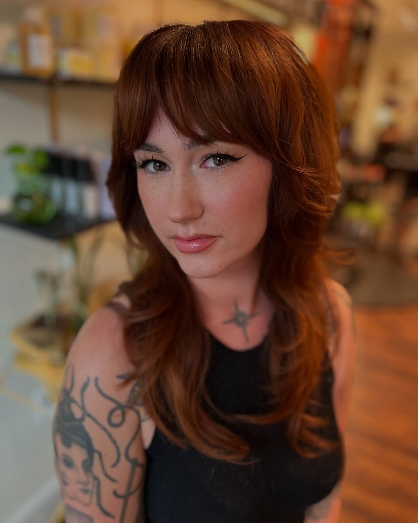 Soft Auburn Shag with Feathered Micro-Bangs