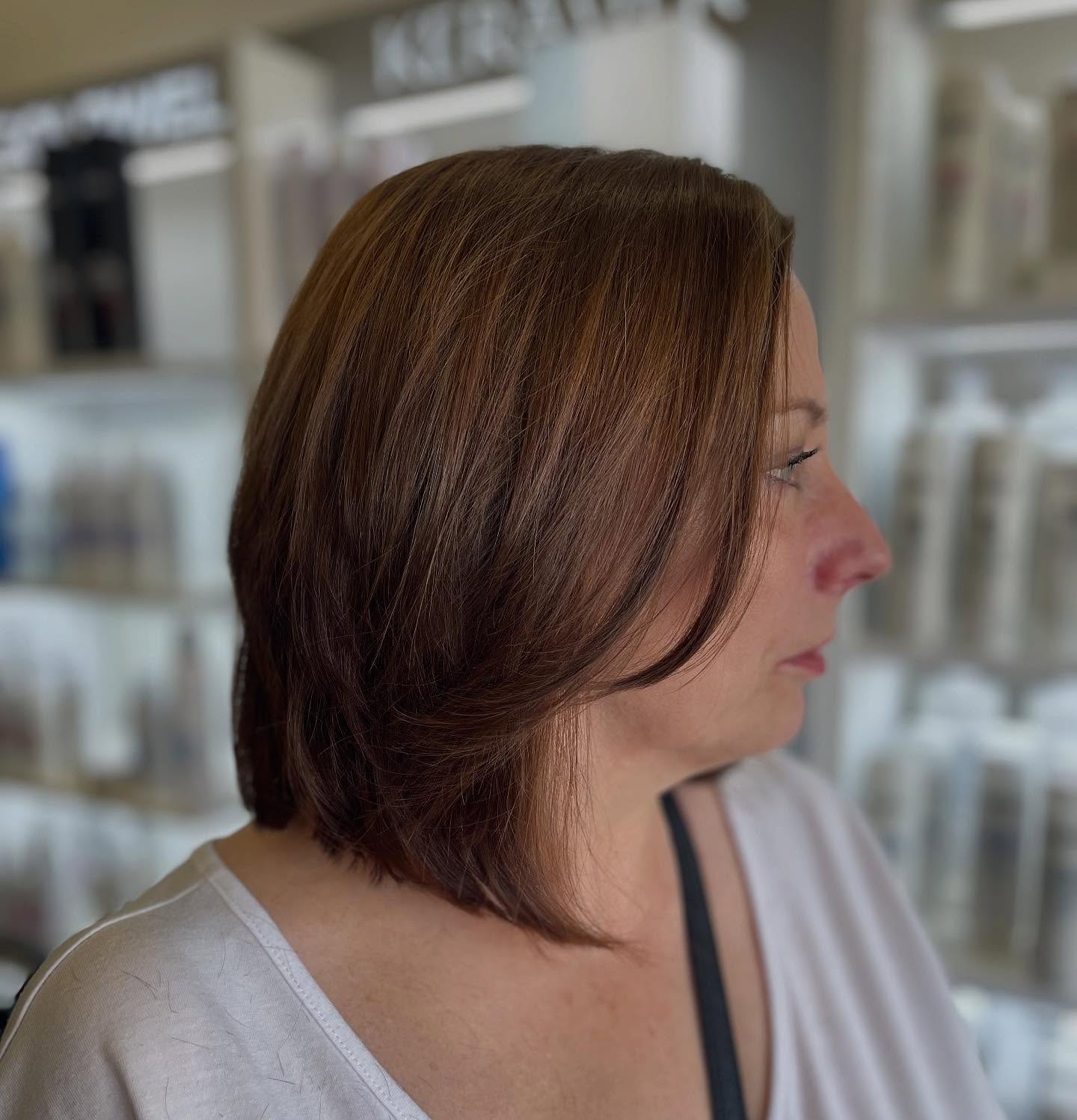 Soft Chestnut Layered Lob with Face-Framing Angled Layers