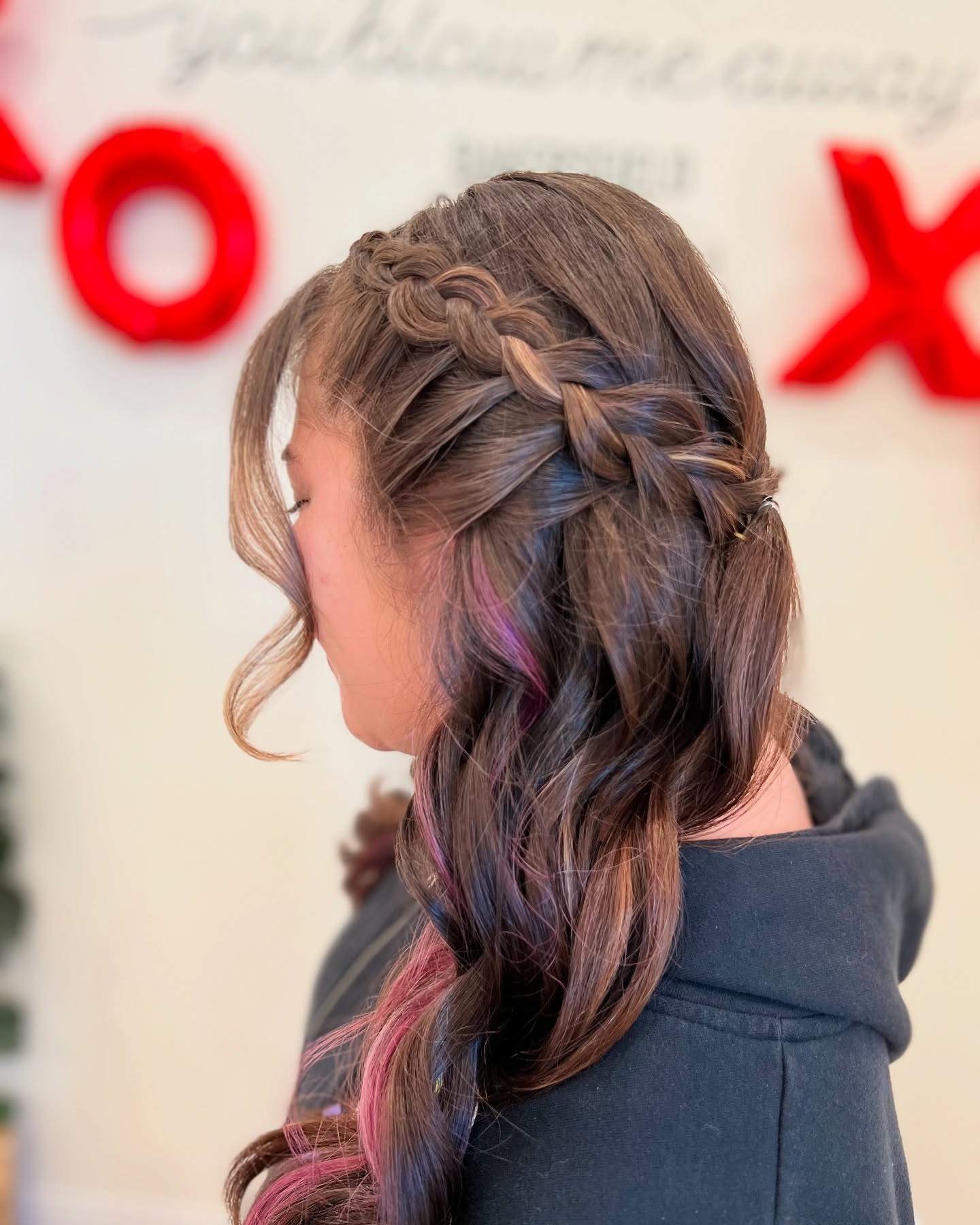 Soft Crown Braid with Rose-Purple Peekaboo Ribbons