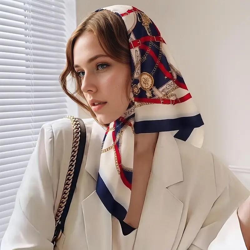 Soft Curtain Bangs Lob Tucked Into Patterned Silk Scarf
