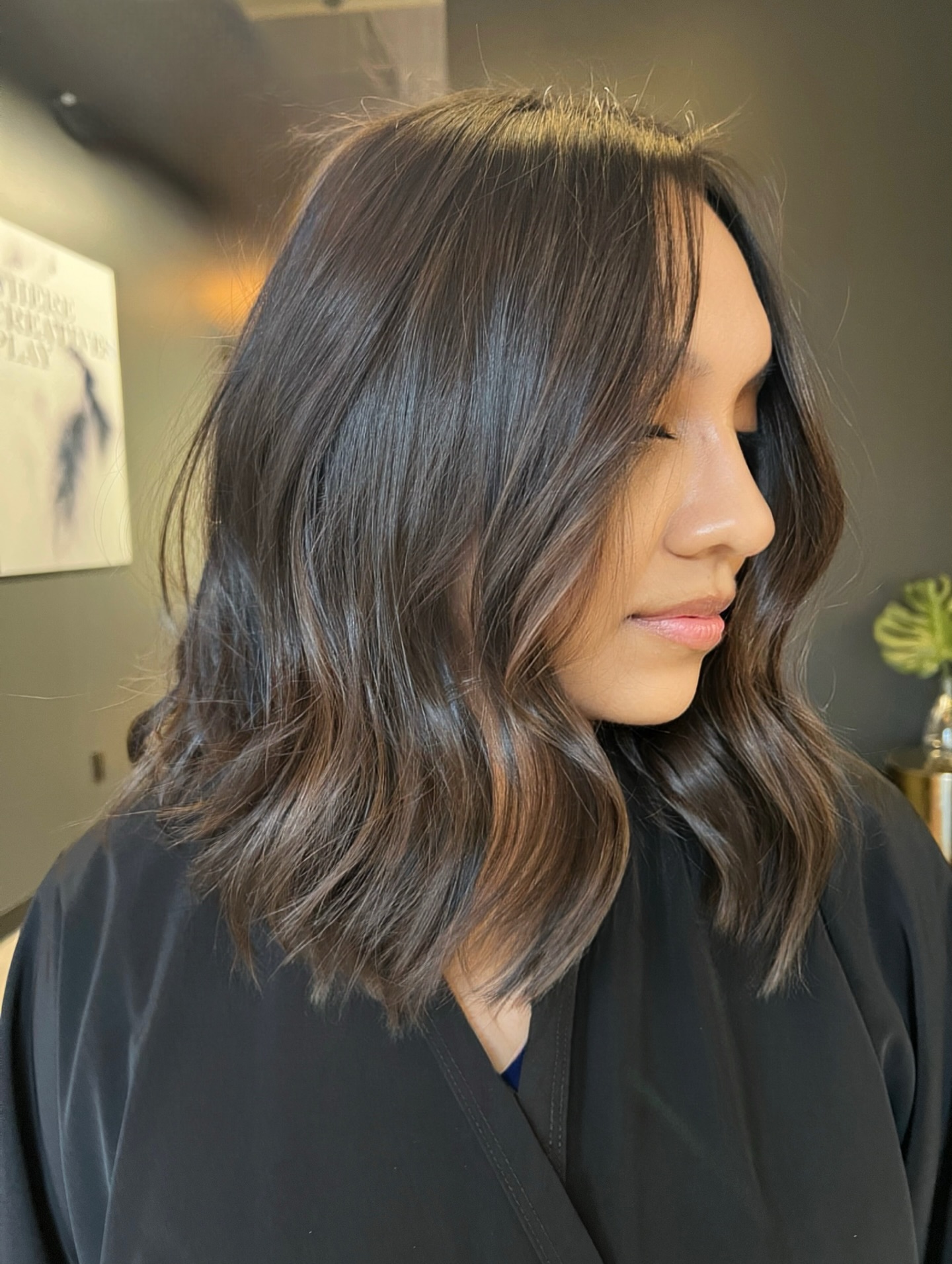 Soft Shoulder-Length Chocolate Lob with Blended Babylights