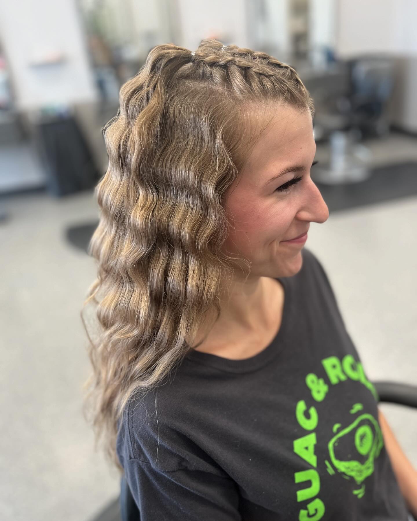 Soft Wavy Long Cut with Partial Crown Braid and Ash Beige Balayage