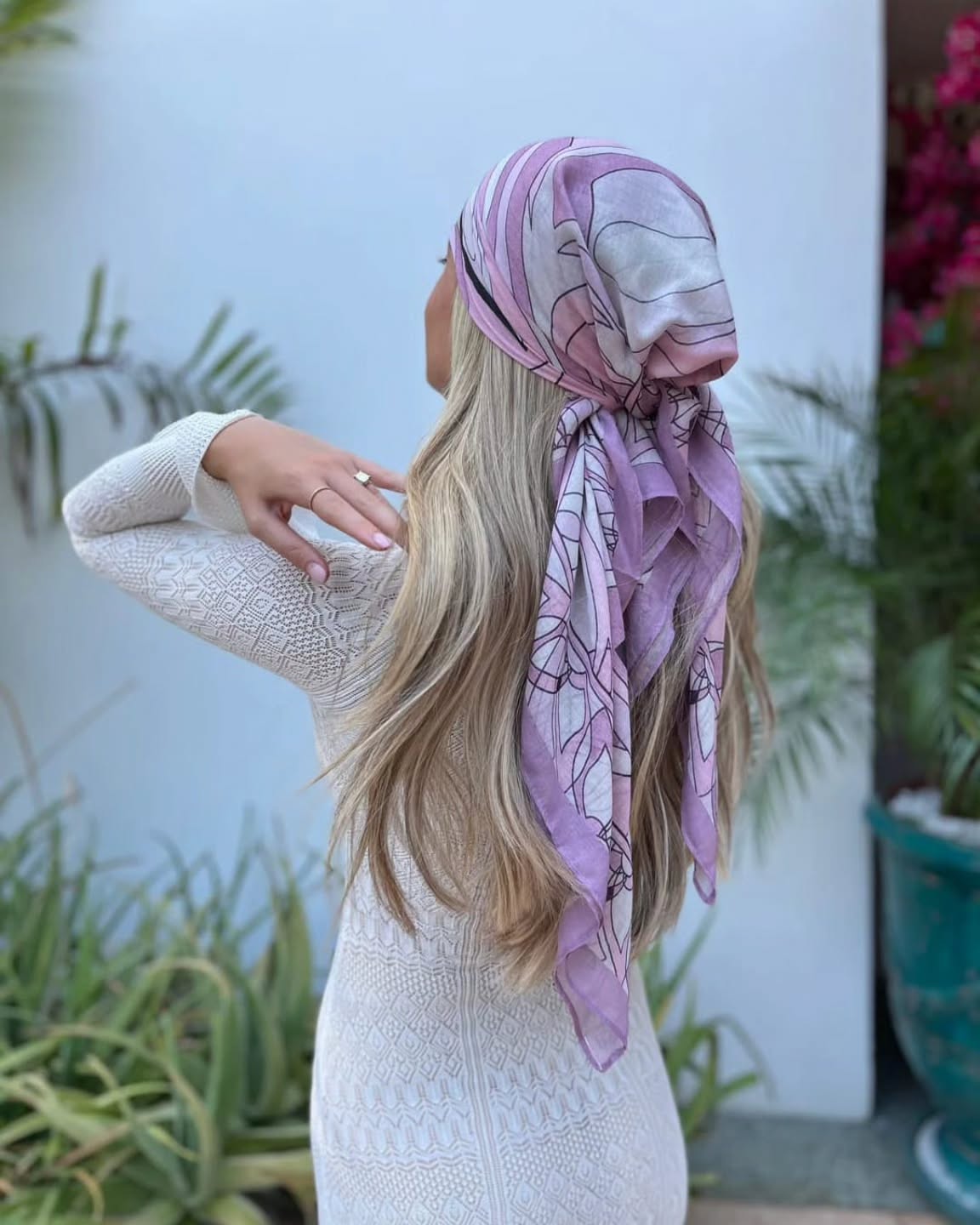 Sun-Kissed Long Layers with Scarf-Tied Headwrap