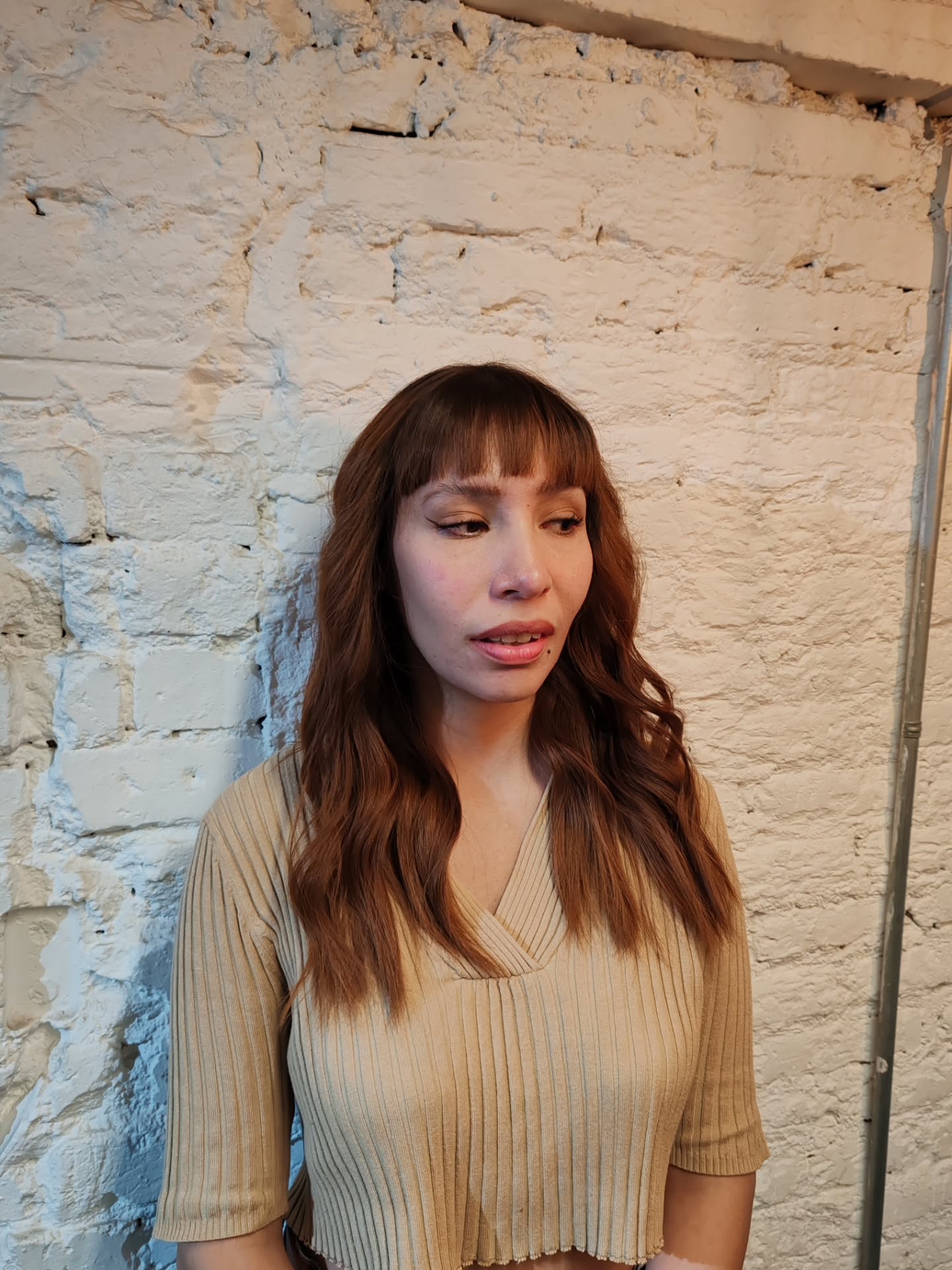 Textured Caramel Brown Long Waves with Blunt Micro-Bangs