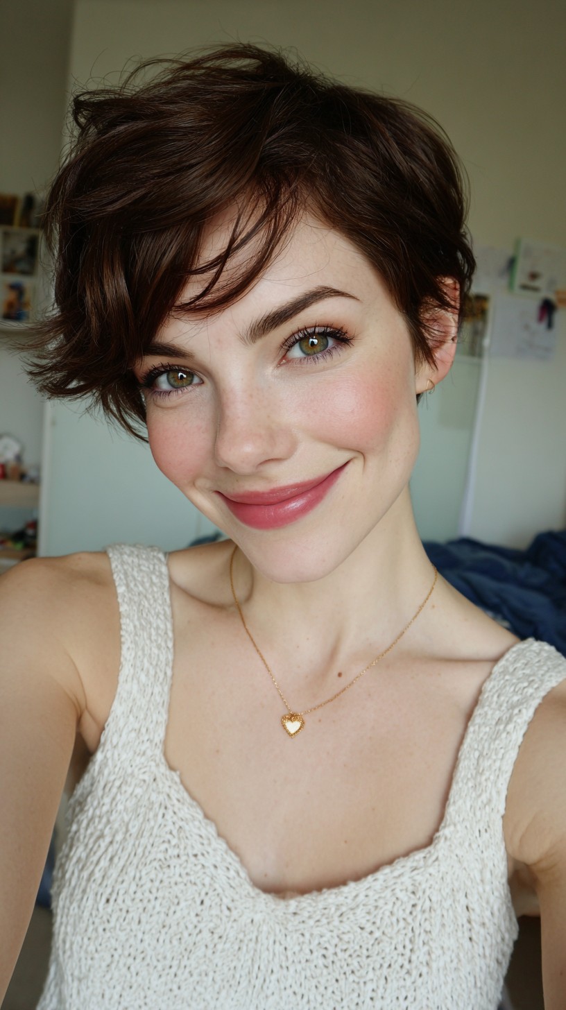 Textured Chocolate Pixie with Diagonal Fringe and Crown Lift
