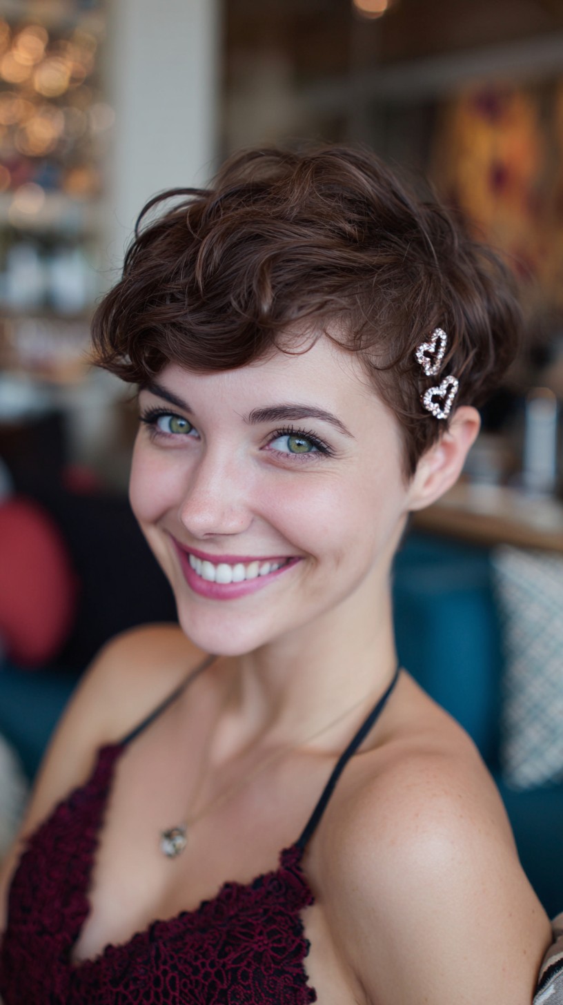 Textured Chocolate Pixie with Forward Fringe and Jeweled Side Clips
