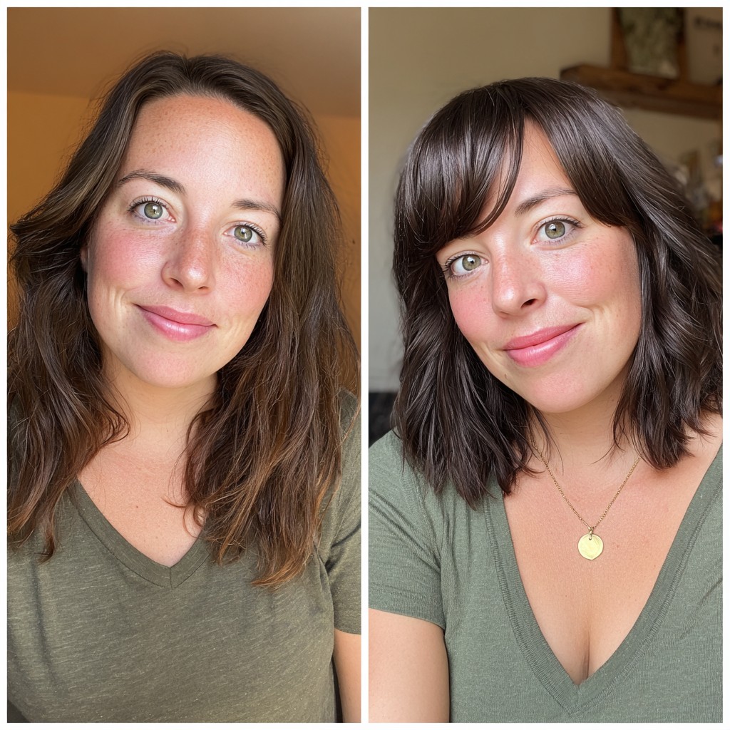 Textured Collarbone Lob with Soft Curtain Fringe and Glossed Lowlights