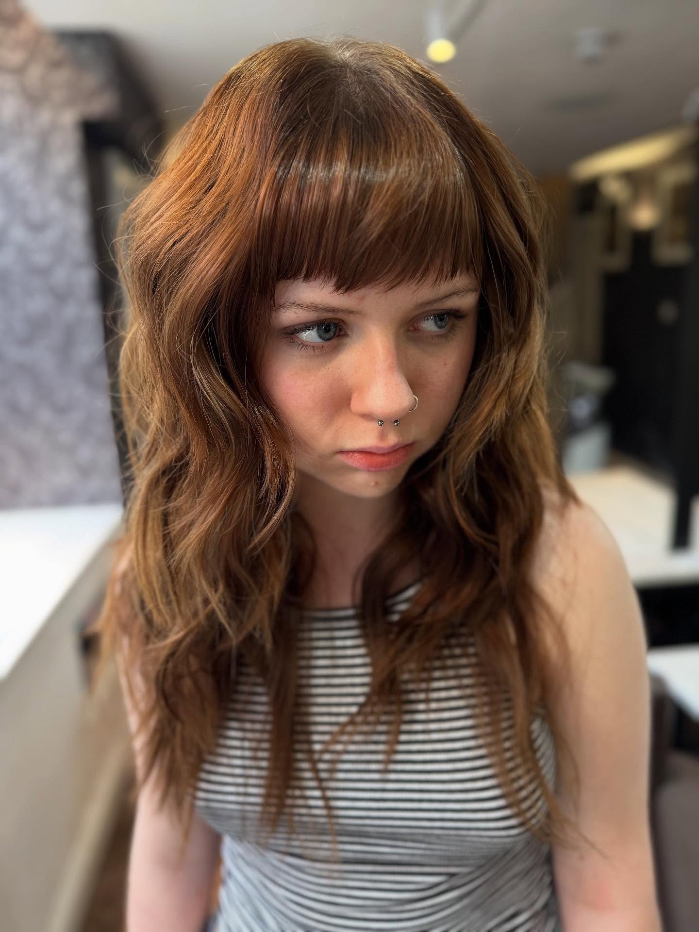 Textured Copper Long Layers with Blunt Micro Bangs