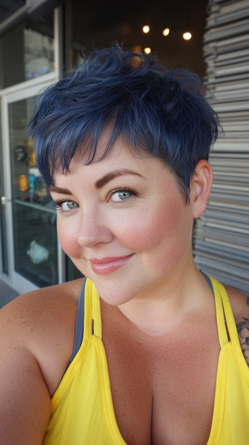 Textured Navy Pixie with Micro Fringe and Tapered Sides