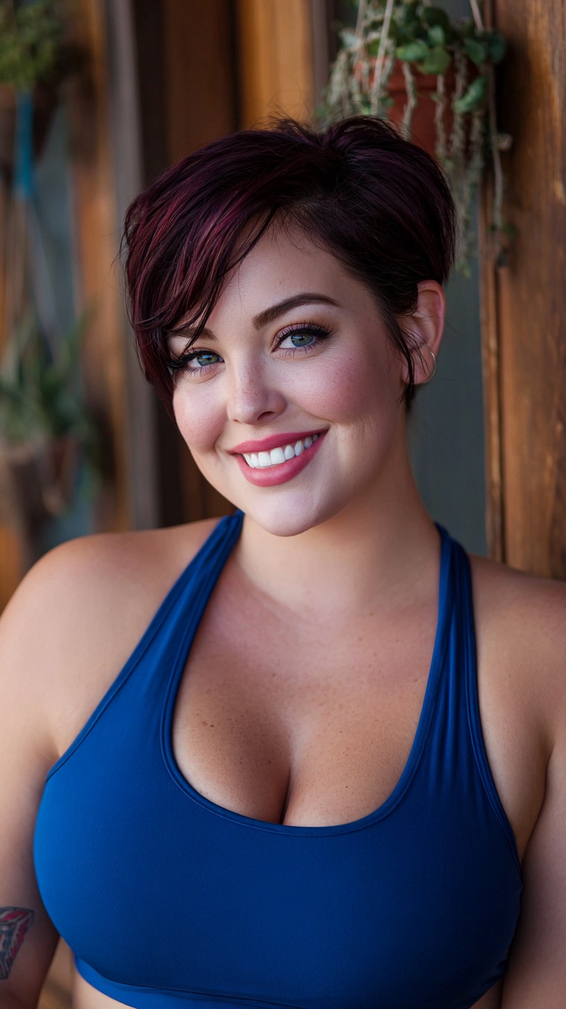Textured Short Pixie with Side-Swept Fringe and Burgundy Root Shadow