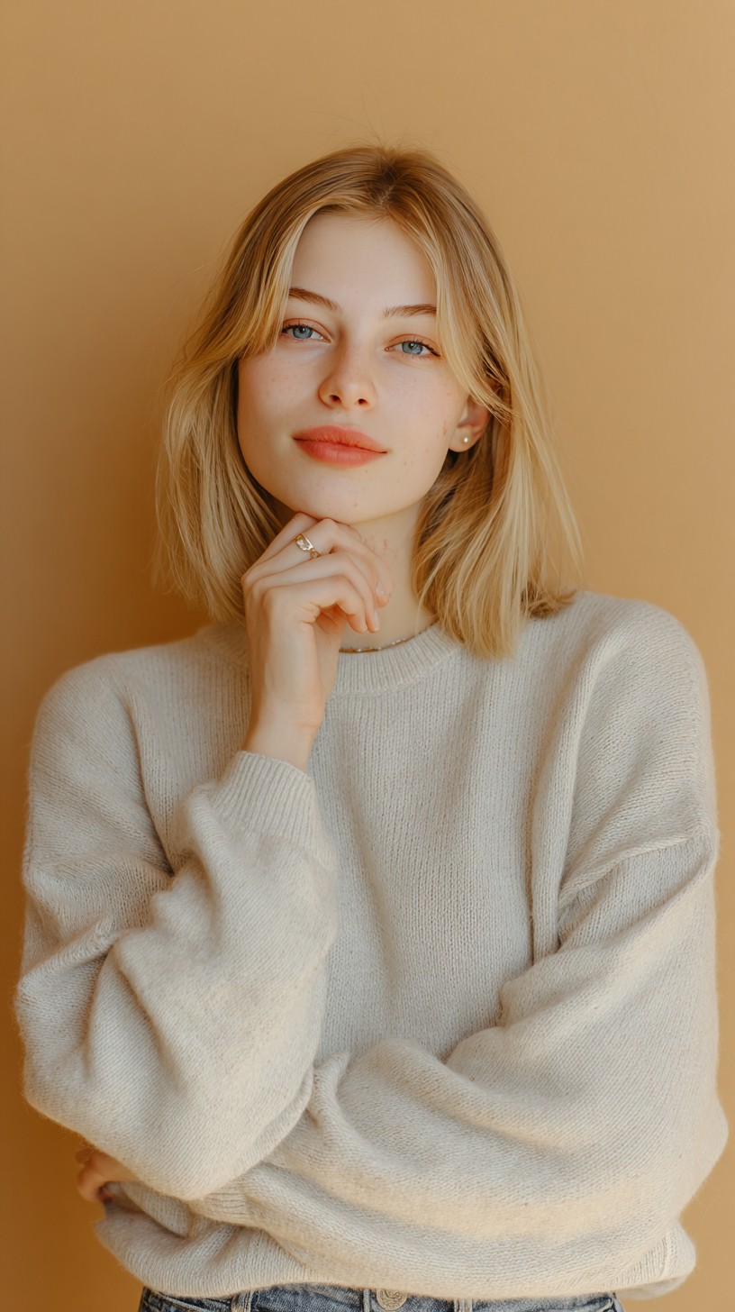 Textured Shoulder-Length Blunt Lob with Curtain Fringe