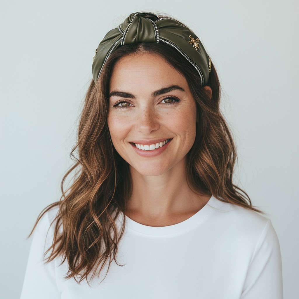Warm Chestnut Beach Waves with Knotted Olive Headband