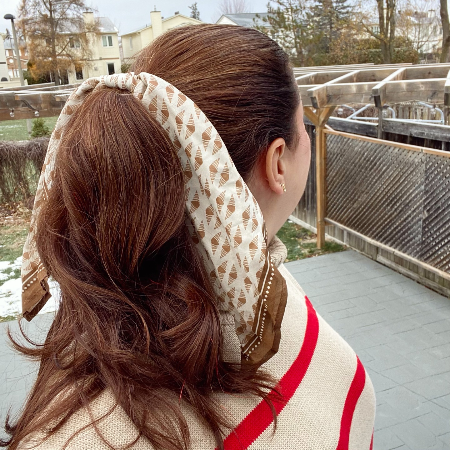 Warm Chestnut Mid Pony with Scarf-Wrapped Elastic and Soft Layered Ends