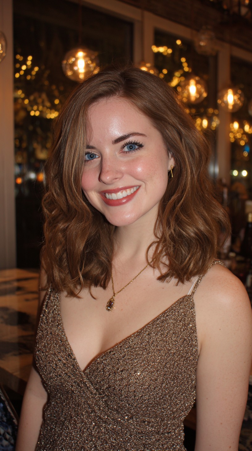 Warm Chestnut Shoulder-Length Textured Lob with Face-Framing Layers