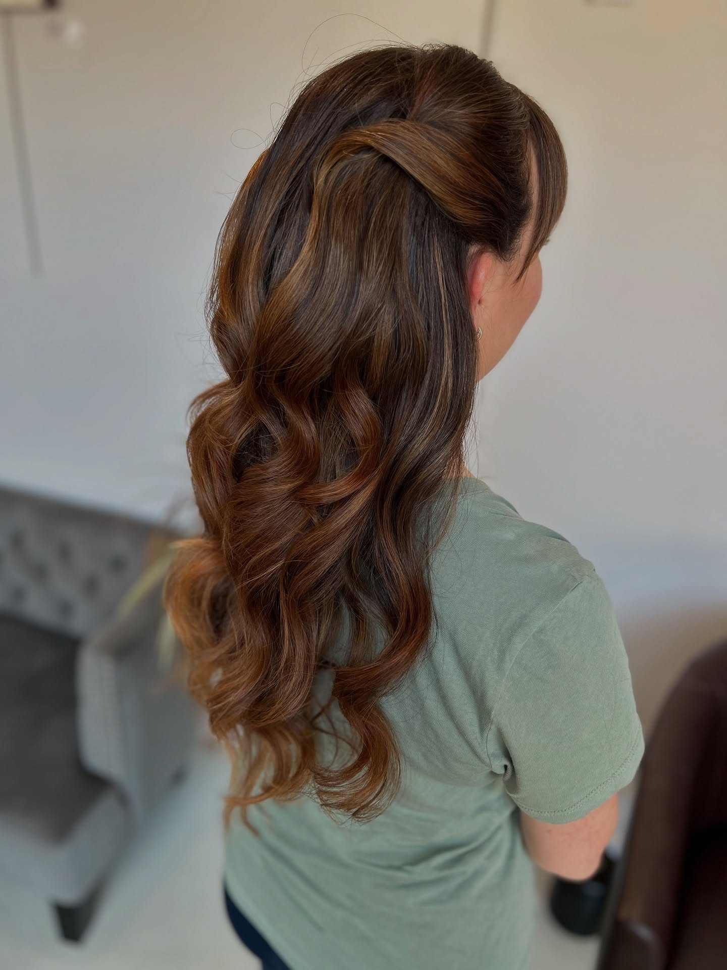 Warm Chestnut Twisted Half-Up with Long Sculpted Waves