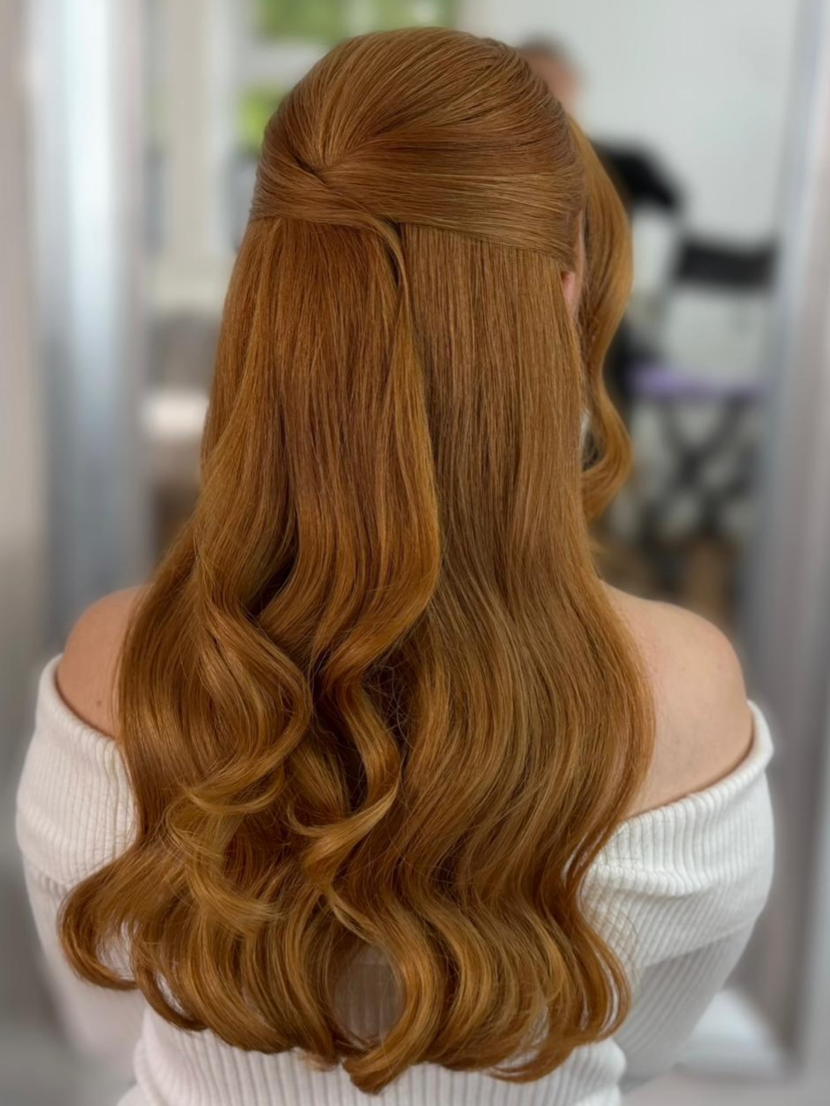 Warm Copper Half-Up Twisted Crown with Soft Barrel Waves