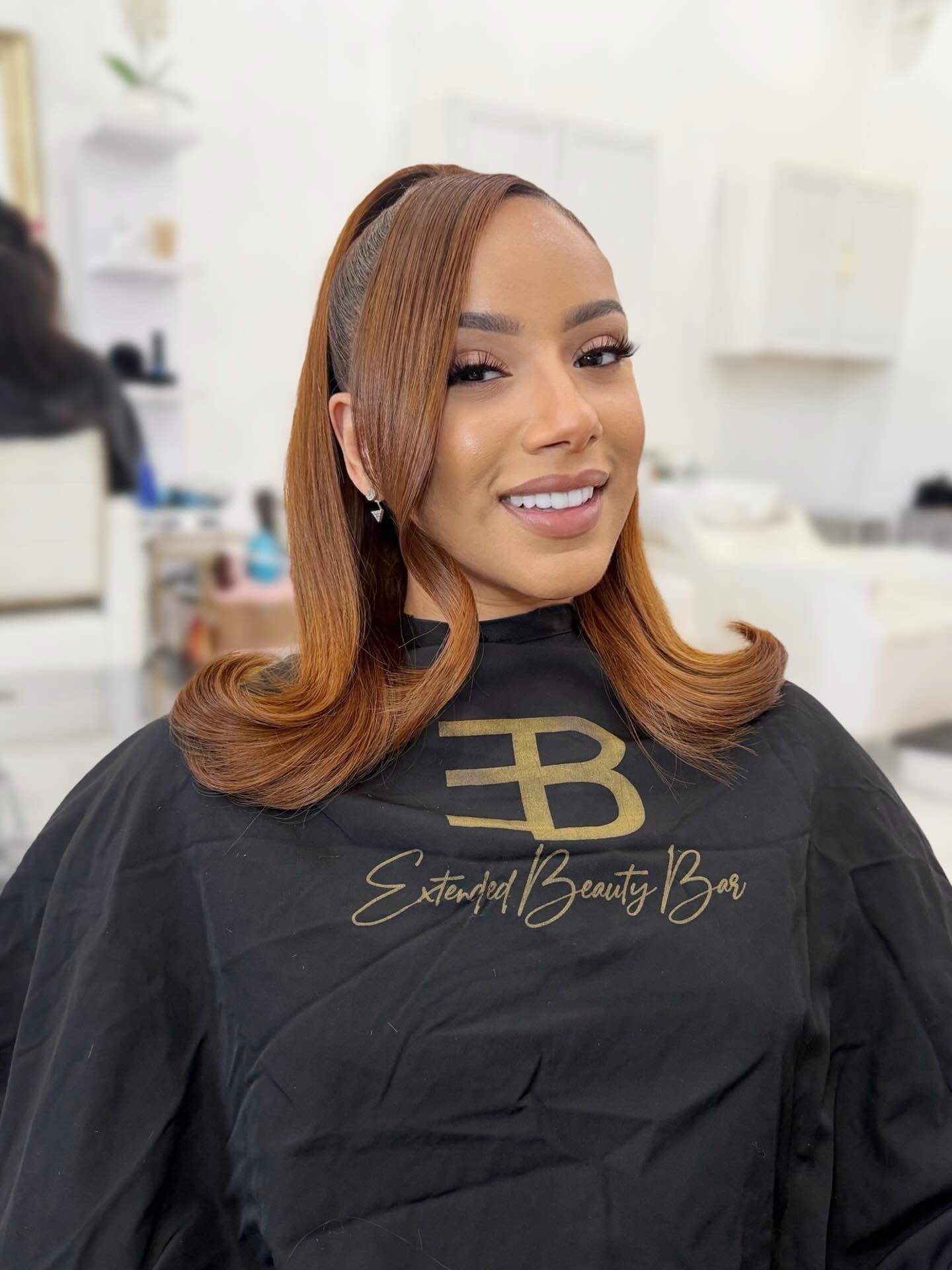 Warm Copper Shoulder-Length with Concealed High Half-Pony and Beveled Ends