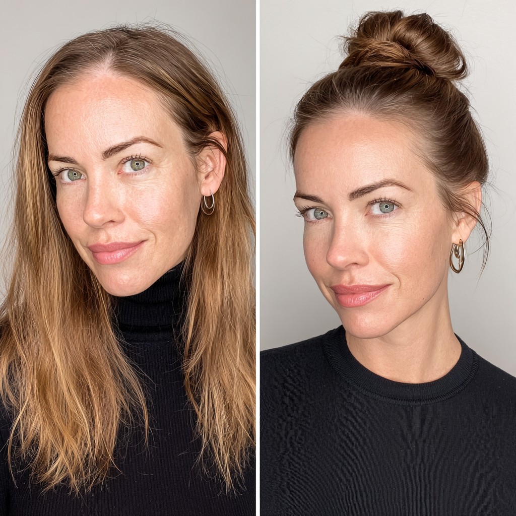 Warm Light-Brown Long Layers with Tension-Free Top Knot