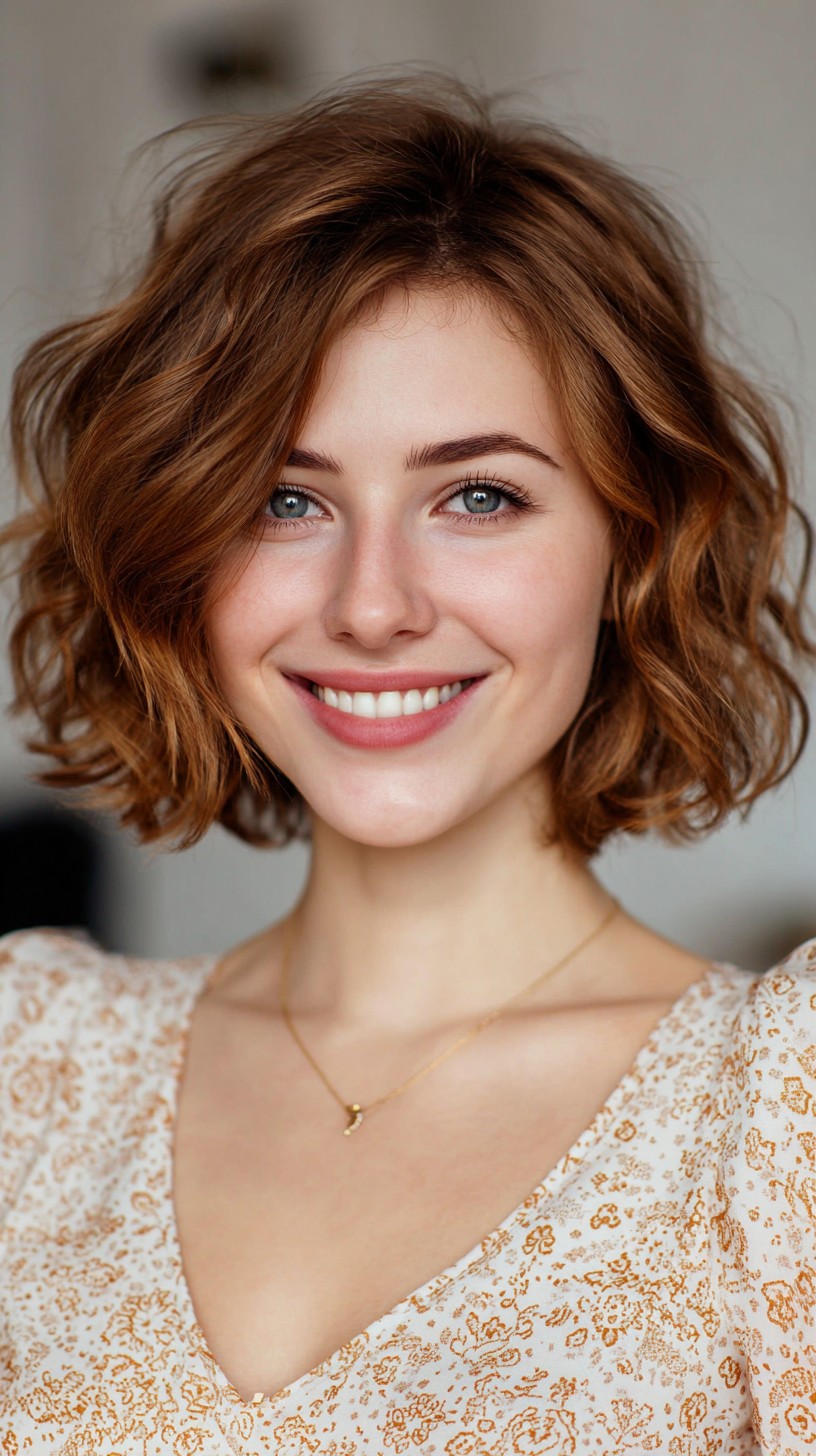 Wavy Chestnut Chin-Length Bob with Subtle Crown Stacking