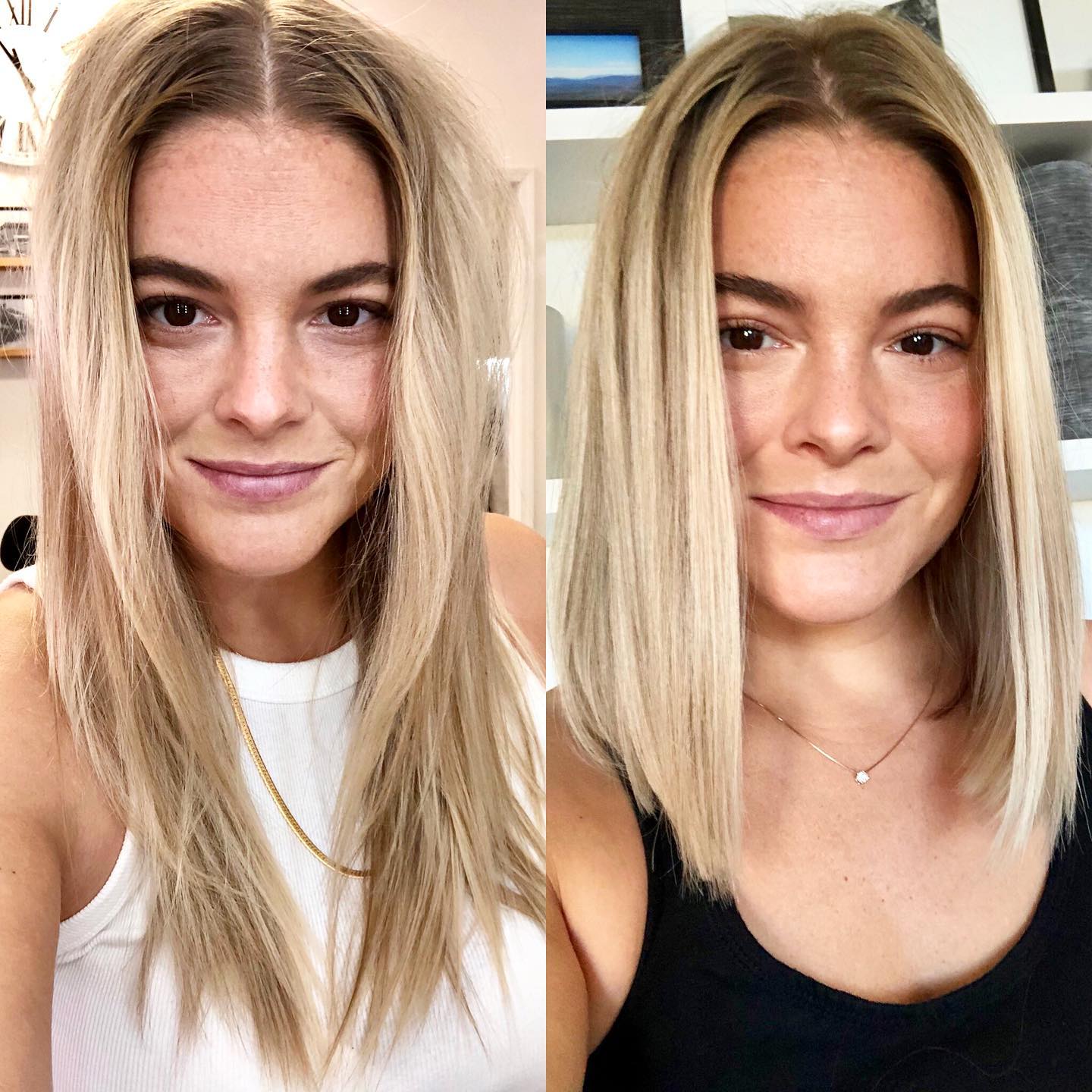 Beige-Blonde Center-Part Blunt Lob with Subtle Interior Bevel