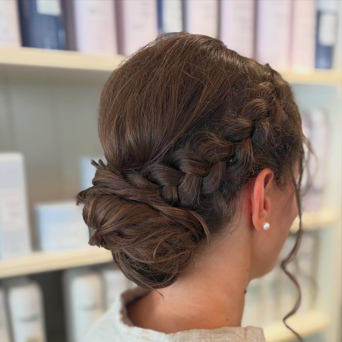 Braided Crescent Low Bun with Pancaked Dutch Braid