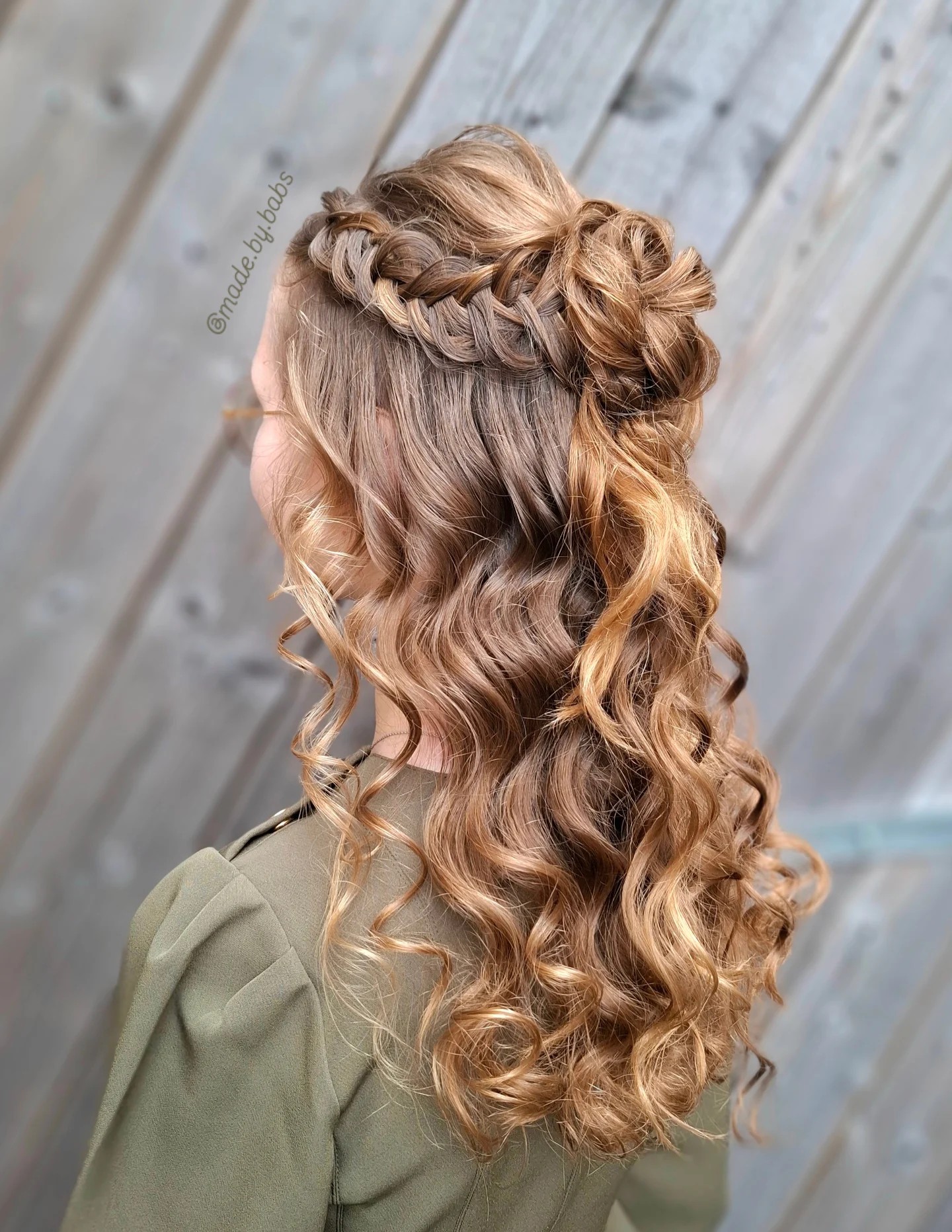 Braided Crown to Twisted Half-Up Bun with Caramel Money-Piece and Spiral Barrel Curls