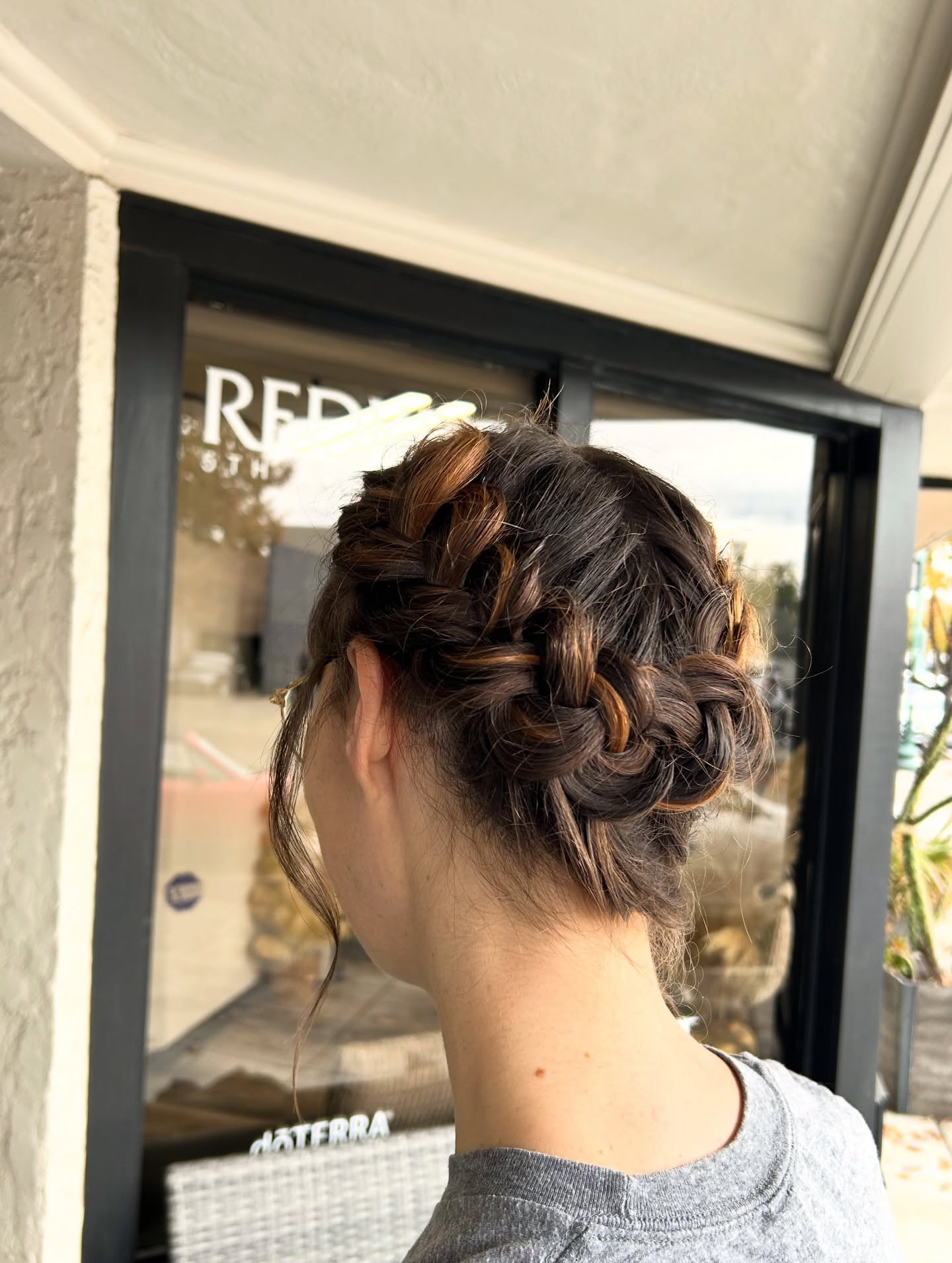 Braided Halo Bun with Caramel Peekaboo Accents
