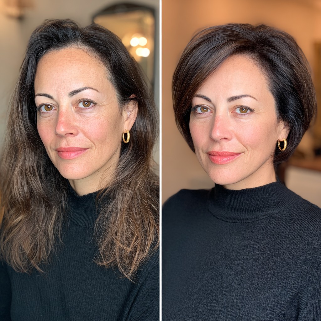 Brunette Rounded Stacked Bob with Side-Swept Layering