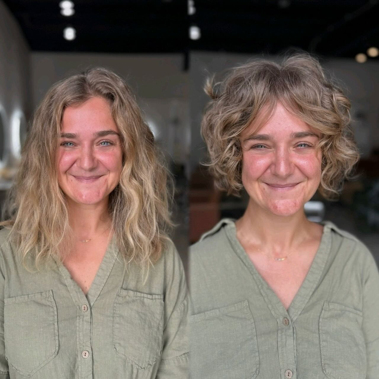Brushed-Out Curly Choppy Bob with Feathered Curtain Fringe