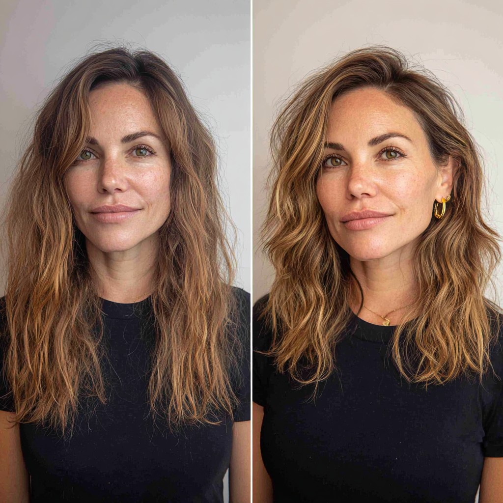 Carved Shoulder Lob with Soft Curtain Face‑Framing and Caramel Babylights
